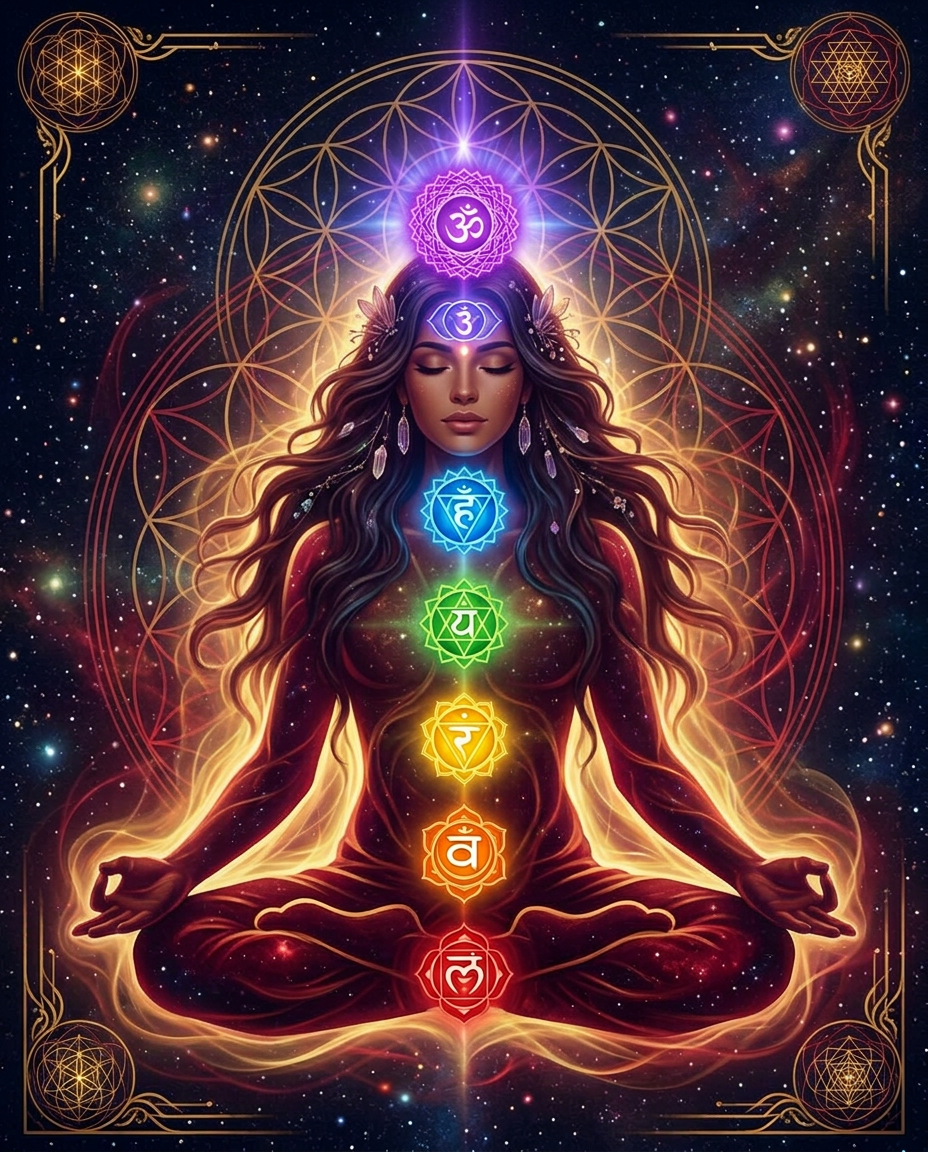 Seven glowing chakras along a meditating woman, representing spiritual healing and energy balance