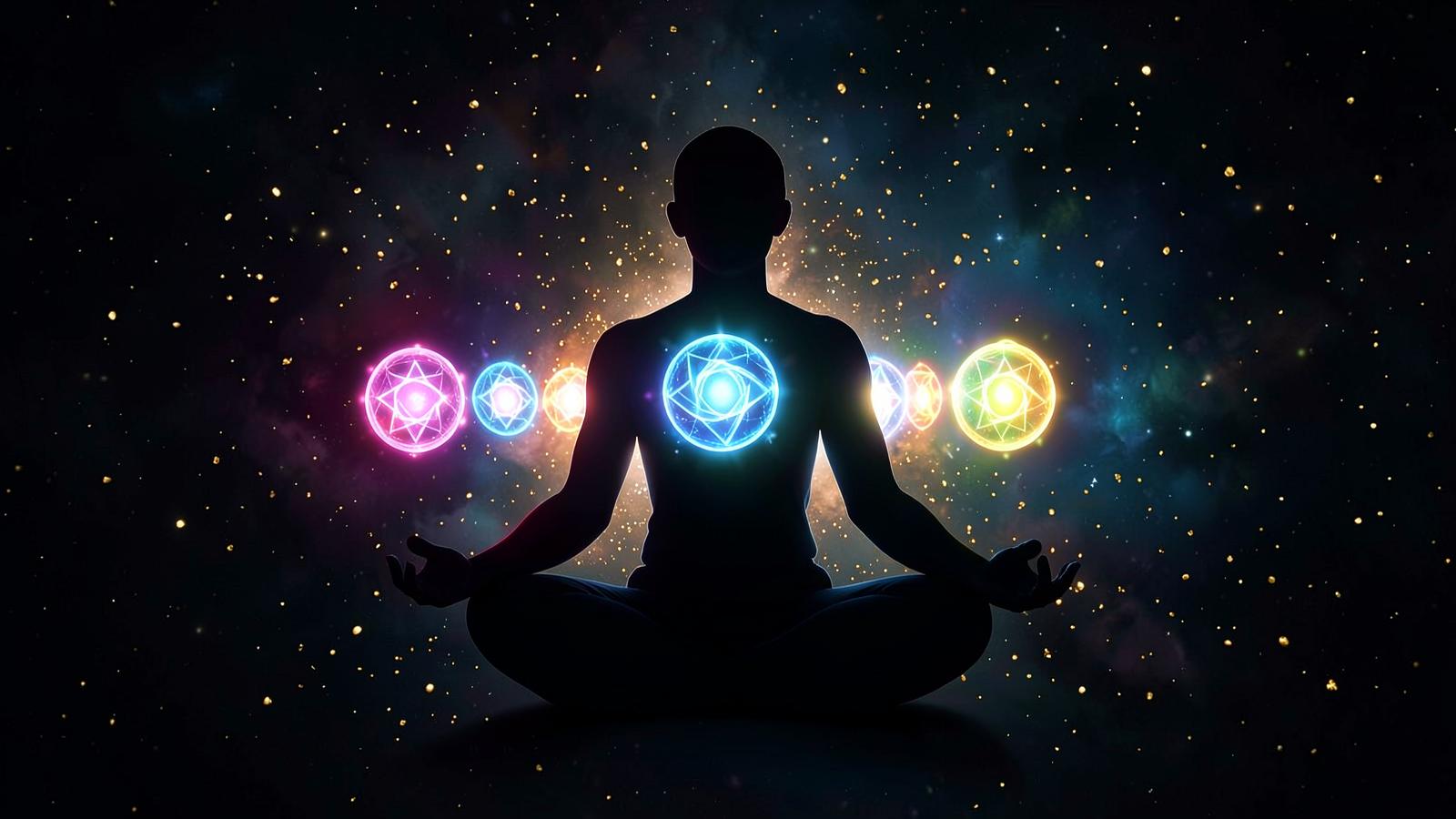 Seven glowing chakra centres aligned along a meditating silhouette