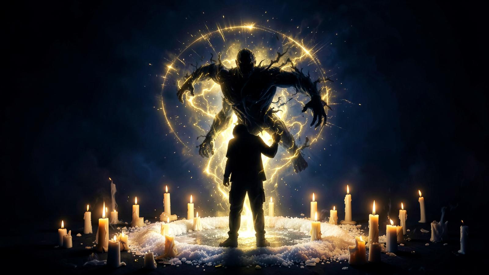 Dark negative energy lifted by golden protective light inside a candle circle