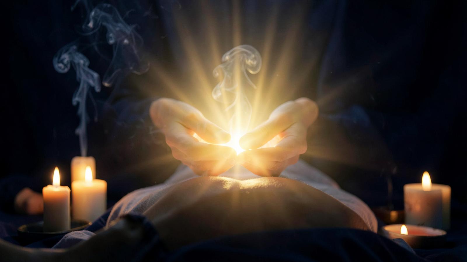 Hands radiating warm golden light over a person during a healing session